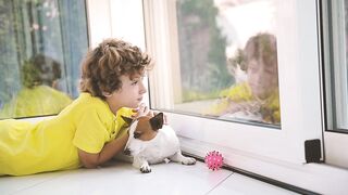 Dog and boy on the floor