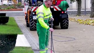 This road maintenance vehicle can feature different cleaning tools to brush, sweep and pressure wash dirty surfaces.
