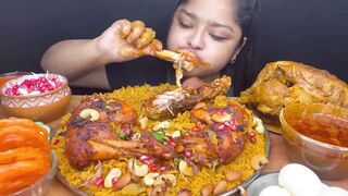 Spicy whole chicken curry ???? with chicken mandi biryani.Boiled eggs,Raita and Jalebi_Eating Show mp4