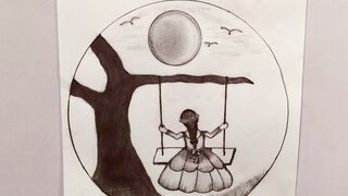 How to draw a girl swing on tree step by step