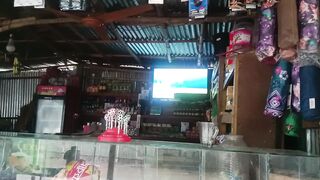 A little baby see a funny cartoon video on the Shop tv.