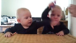 Twins fighting over a toothbrush
