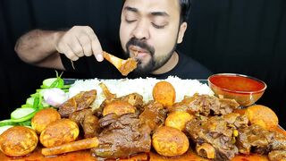 HUGE SPICY MUTTON CURRY, MUTTON LEG PIECE, EGG CURRY, RICE, SALAD, CHILI ASMR MUKBANG EATING SHOW ||