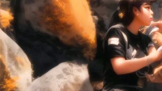 Two best friends admire beautiful waterfall in asia wonderland