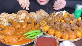 ASMR EATING POROTTA, CHICKEN CURRY, WHITE RICE AND GREEN CHILLI
