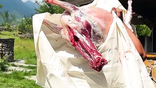 Butchering a young lamp for cooking original turkish cag kebab