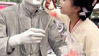 Silver man and girls