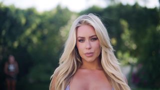 Blonde Model Tiffany is Back for More _ Purple Bikini Show Beautiful female model shows beautiful body shape