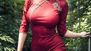 Mature woman wearing cheongsam and playing on the grass