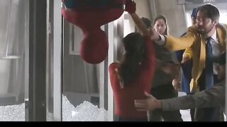 spider-men saving their girlfriend from falling shorts.