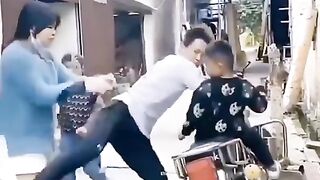 the newest way to ride a motorbike. The father's legs are very strong