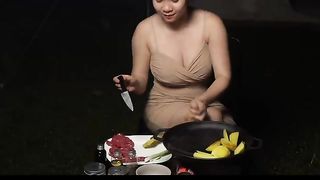 RENI WAS CAMPING AND COOKING PROCESSED MEAT