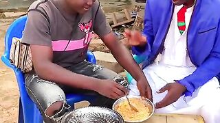 Verry calever man eat the food other man