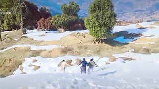 Running competition in snow with friends