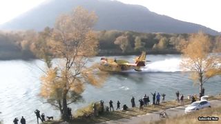 Canadair CL 415 Fire Fighting Aircraft Take Off In A River