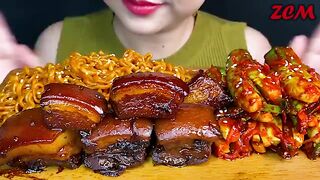 Braised Pork Belly, Cucumber Kimchi & Spicy Fire Chicken Noodles * MUKBANG SOUNDS *