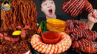 ASMR MUKBANG | Fried Chicken, steak, black bean noodles, kimchi Korean Food recipe ! eating