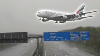 Emirates Airlines Airbus A380 Plane Crossing The Motorway Before Landing