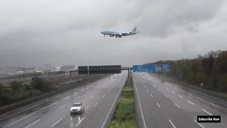Korean Air Cargo Boeing 747 Plane Crossing The Motorway Before Landing Amazing Video