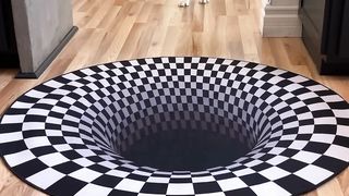Dogs funny reaction to entering optical illusion rug! #shorts