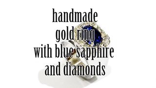 handmade gold ring with blue sapphire and diamonds
