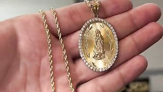 Ladies Solid Gold Rope Chain, Bamboo Hearts & Virgin Mary Pendants