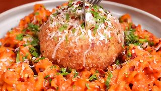 Spicy vodka pasta with fried burrata