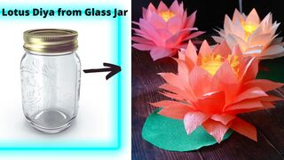 Making Lotus Paper Flower from GLASS JARS // Lotus Paper Craft // Lotus Diya from Glass Jars