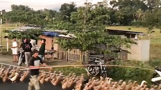 A duck herder was herding his ducks on the road home because it was already afternoon