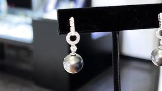 Real Diamond & 18K Solid White Gold Black Pearl Dangle Earrings