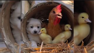 Mother hen went to grandma's house with the baby dog on his back.