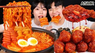 ASMR MUKBANG Spicy chicken Tteokbokki, seasoned chicken, Kimchi Gimbap cheese, fried food, eat