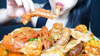 SAS-ASMR spicy SEAFOOD boil eggs, corn, enoki mushrooms eating ????????| asmr mukbang seafood compilation