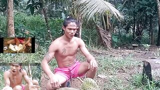 Durian challenge the monkey boy he opened it with his mouth and teeth