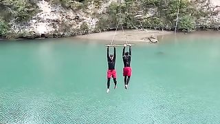 This man is going down holding the rope
