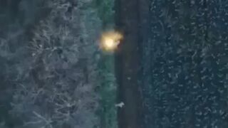 Ukrainian drone drops bombs on a Russian tank and soldiers in Luhansk