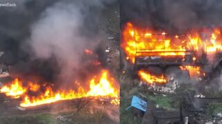 Ukrainian Forces destroy Russian military truck with mortar fire