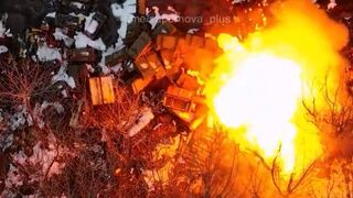 Ukrainian drones destroying Russian ammunition at the frontline