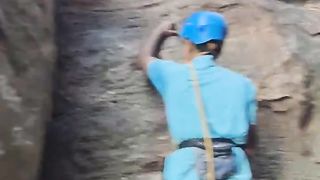 Lead climbing in Badami