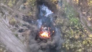 Russian Shrurm-S ATGM carrier, two destroyed abandoned BTR-82, and a destroyed T-80BC tank