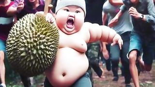 Anak kecil yang lucu mencuri durian