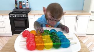 Monkey Baby Bon Bon eats rainbow jelly with puppies and bathes with ducklings in the bathroom
