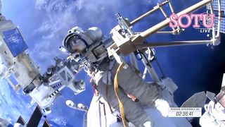 ad Cosmonaut Sergey Prokopyev rode the European robotic arm as he and Dmitri Petelin installed debris shields
