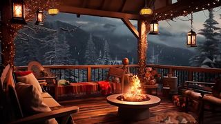 Winter Cozy Porch in Mountains with Peaceful Piano Music, Bonfire, Snow Falling & Blizzard Sounds