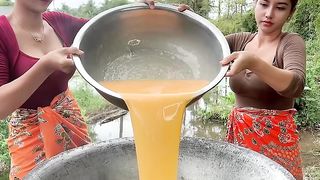 Crispy egg with rice cook and eating