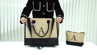 YOOLIFE Christmas Gifts for Women - Initial Jute Tote Bag & Makeup Bag with Zipper Adjustable Strap Birthday Gifts for Women