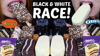 ASMR CORRIDA DE SOBREMESA PRETA E BRANCA! SORVETE DE CHOCOLATE GIGANTE, MILKA ALFAJOR, OREO, REESE'S, FERRERO#asmr