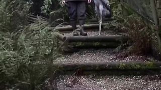 Shoebill walking down the stairs