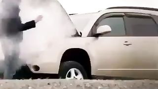 Barbecue joke on the front hood of the car :