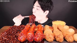 SPICY FRIED CHICKEN & BLACK BEAN NOODLE CHEESE BALL EATING ASMR MUKBANG